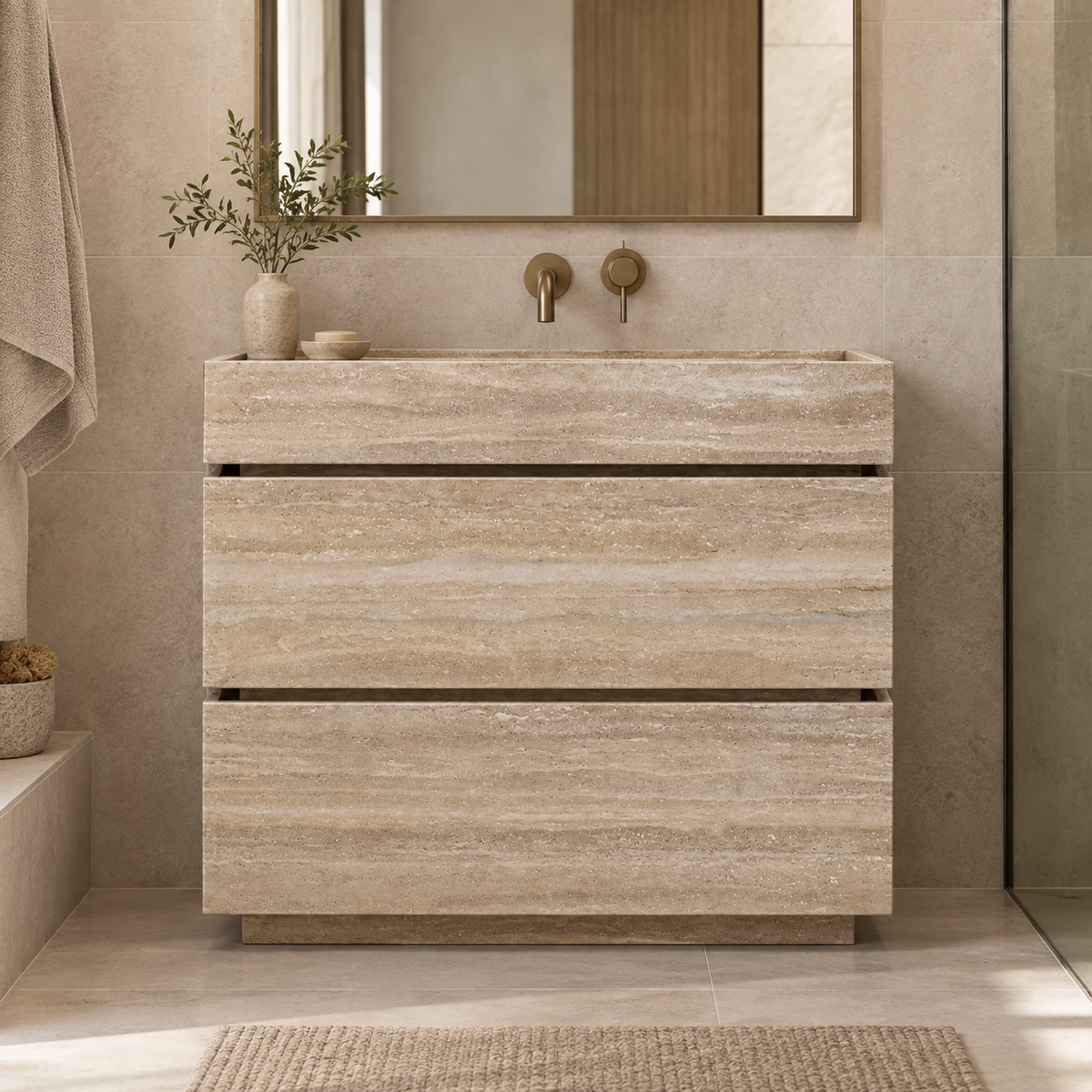 Light beige travertine single vanity in a condominium bathroom