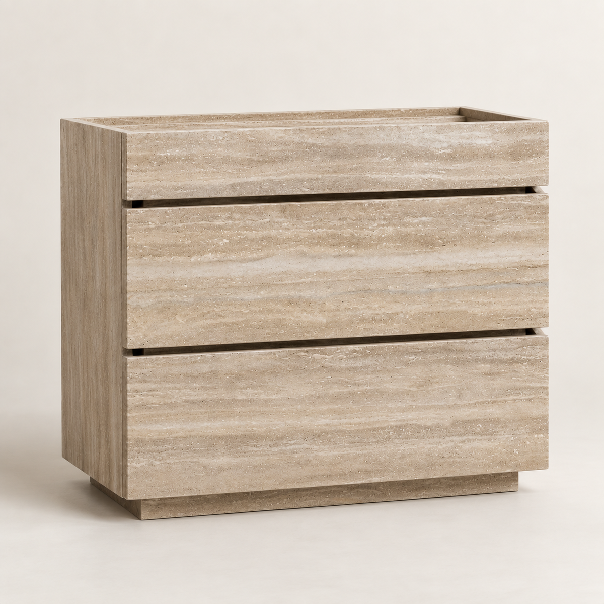 Light Beige Travertine Single Vanity, slightly three-quarter front studio view showing the recessed plinth and two dark horizontal lines.