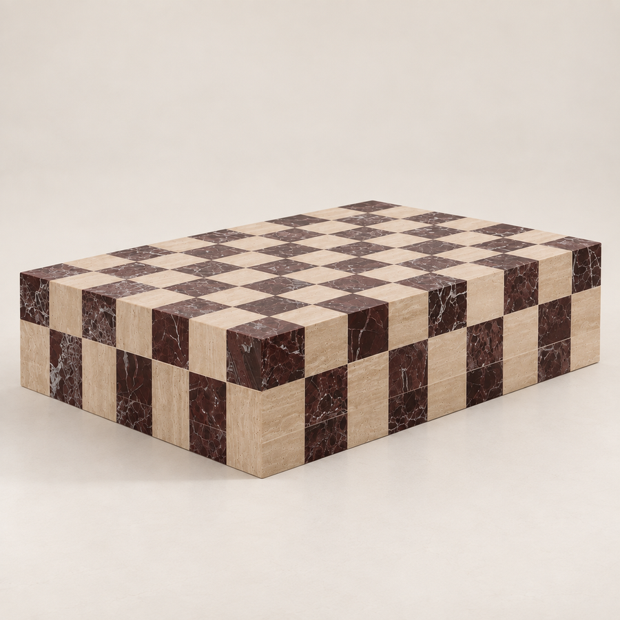 MS-06 Checkerboard Coffee Table studio three-quarter view in Light Beige Travertine and Rosso Levanto.