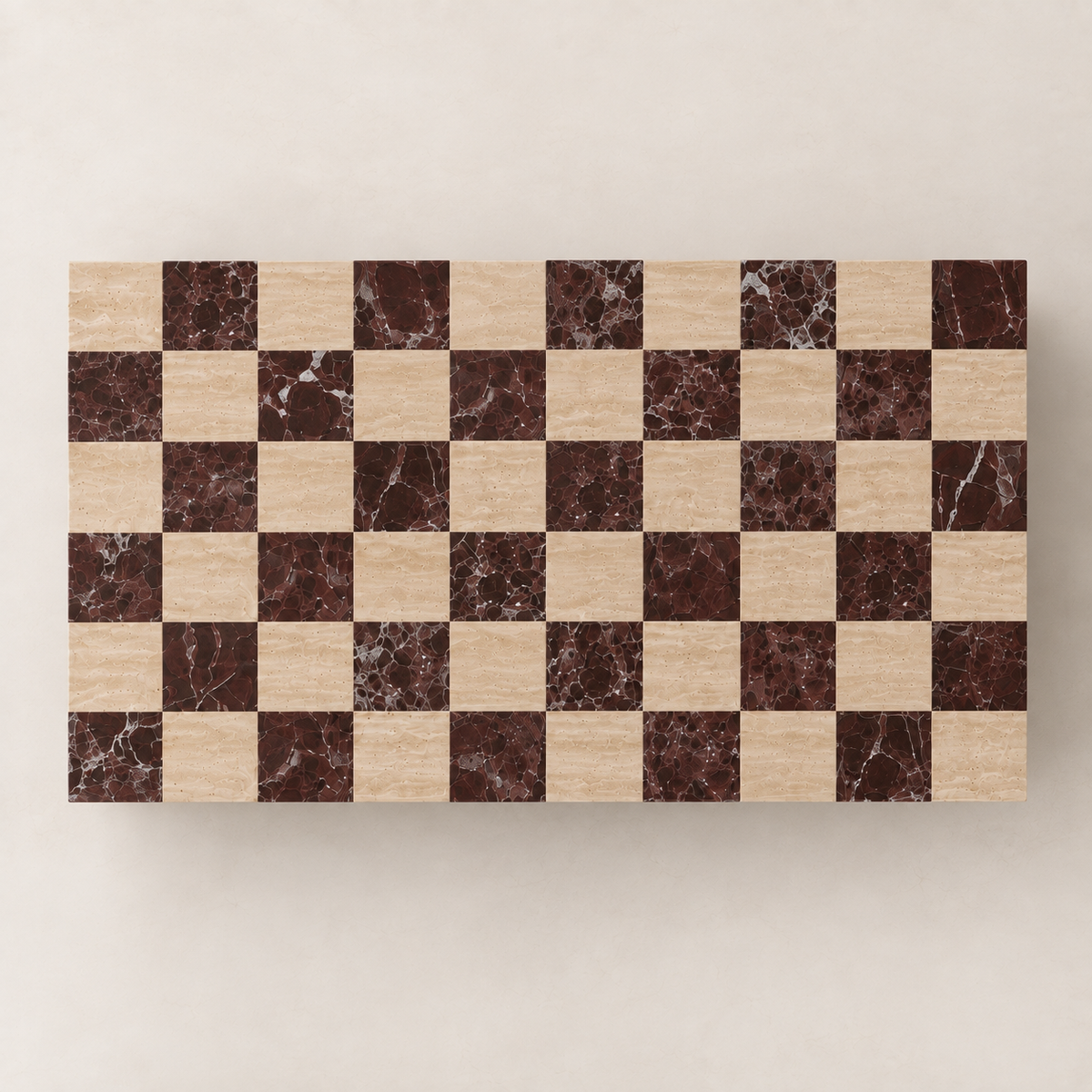 MS-06 Checkerboard Coffee Table top view showing the beige and burgundy stone checkerboard.