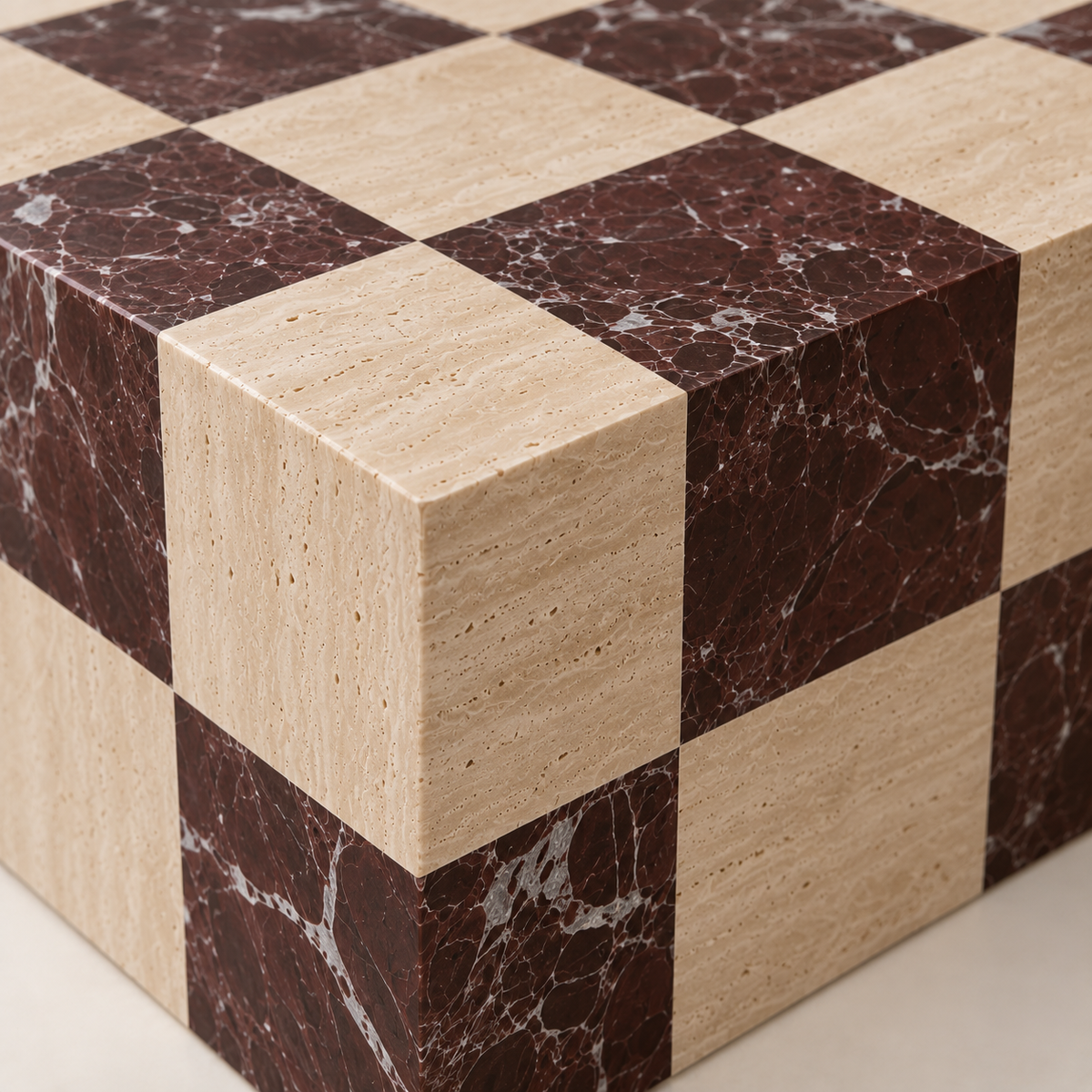 MS-06 Checkerboard Coffee Table close-up of Light Beige Travertine and Rosso Levanto stone detail.