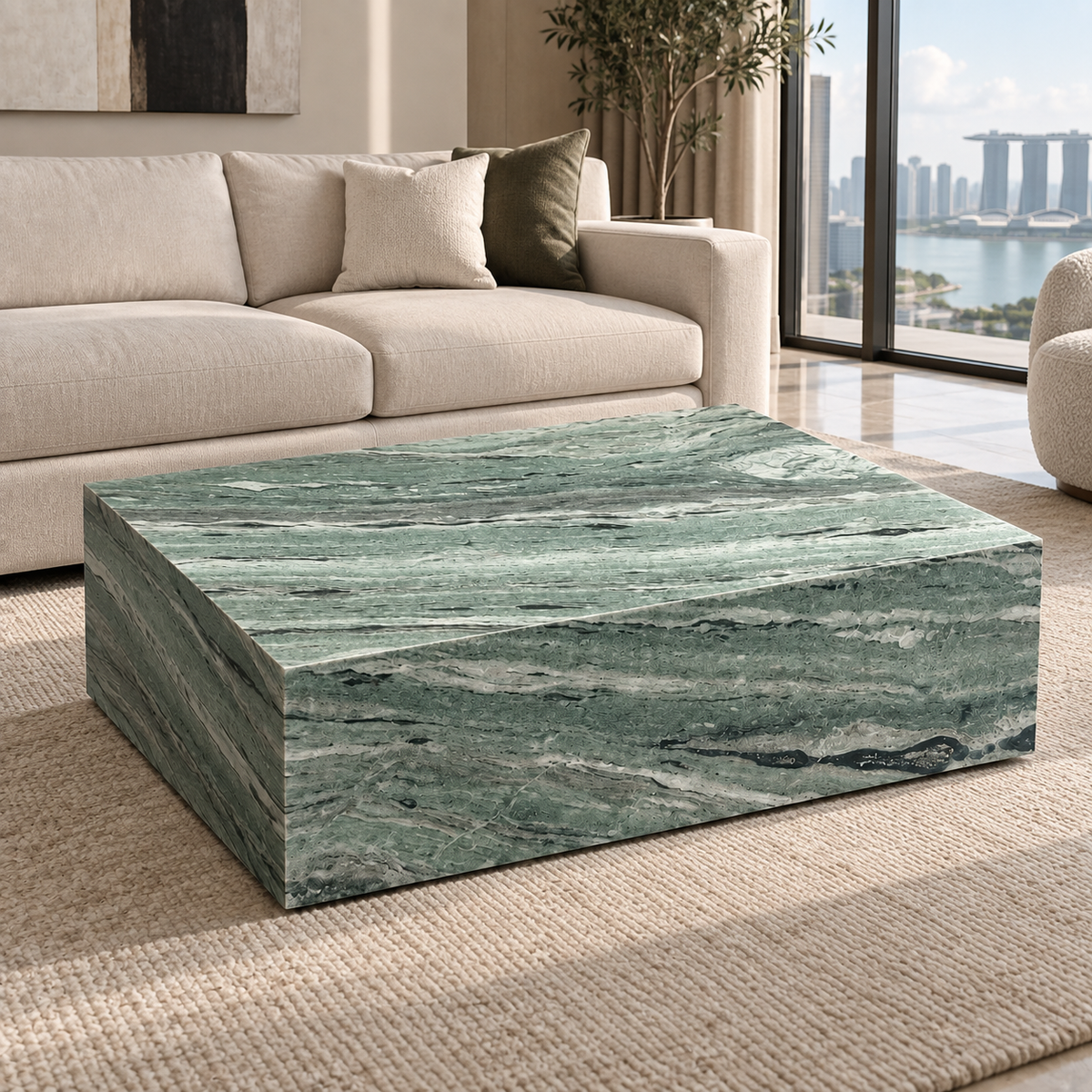 Shangri La Green Plinth Coffee Table in a contemporary Singapore condominium living room.