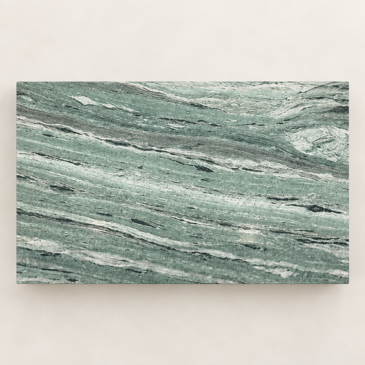 Top view of the Shangri La Green Plinth Coffee Table showing the green, grey and white stone veining.