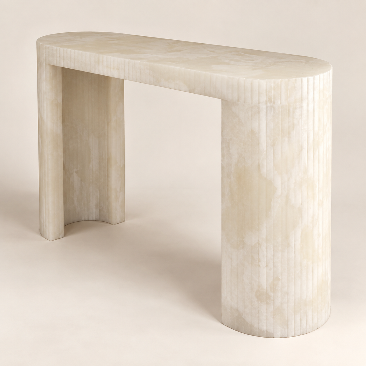 White Onyx Console Table in a three-quarter studio view on an ivory background.