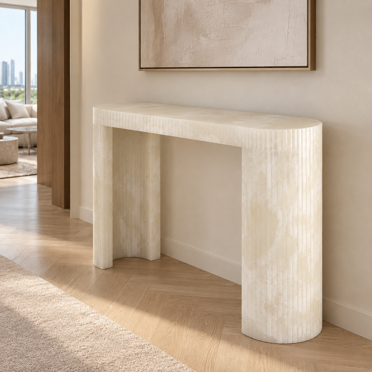 White Onyx Console Table styled in a bright Singapore condominium entryway.
