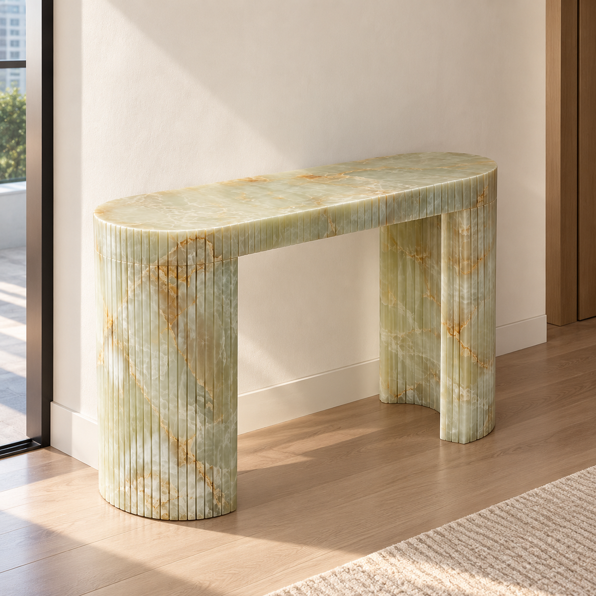 Green Onyx Console Table MS-10 in a bright Singapore condominium entryway.