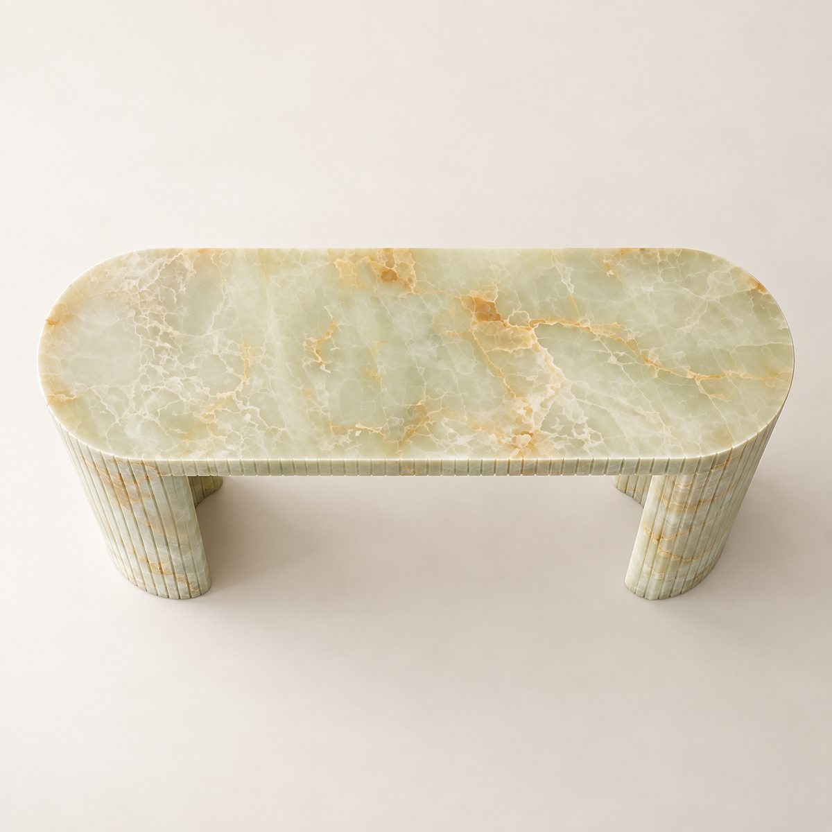 Top view of the capsule-shaped pale green onyx top of Console Table MS-10.