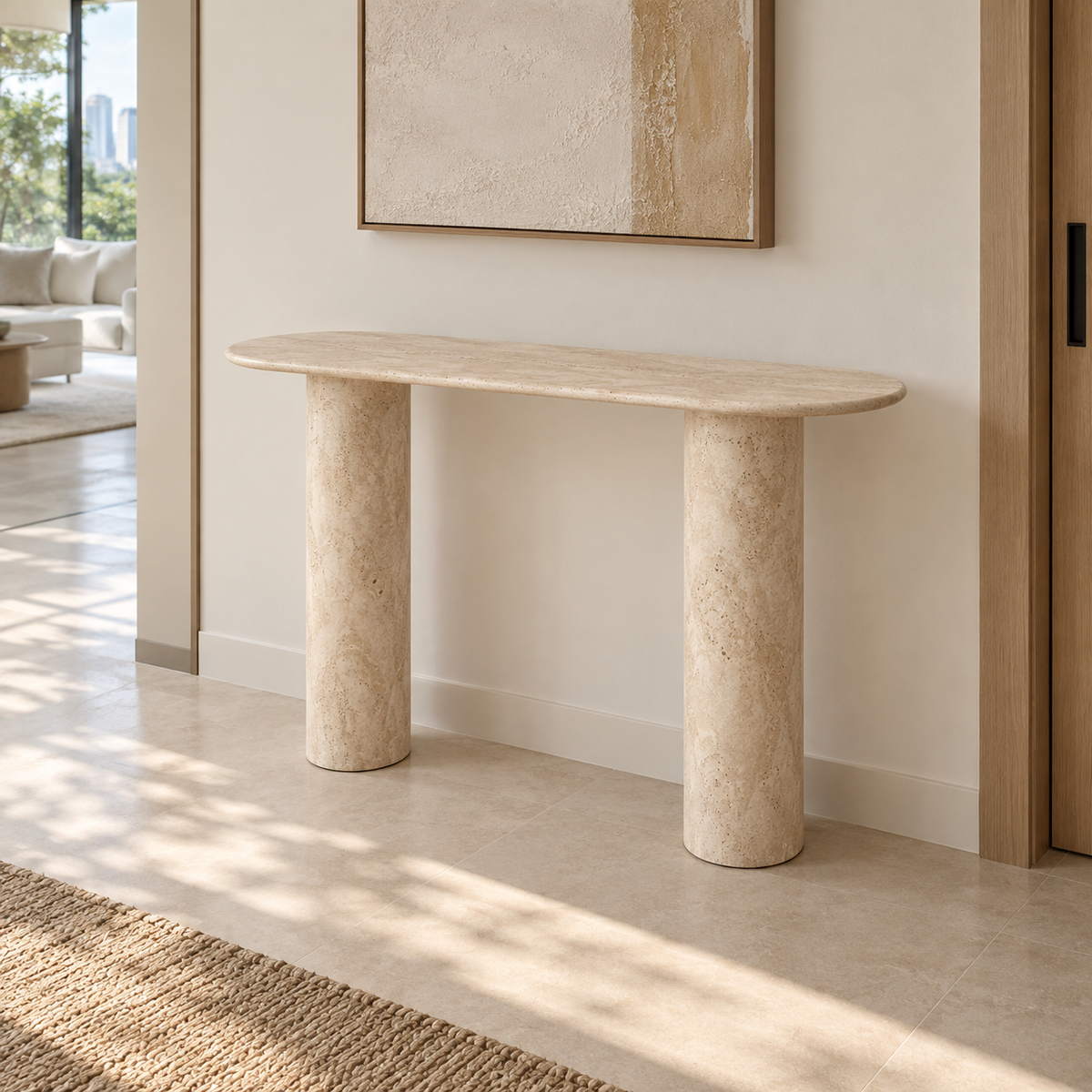 White Beige Travertine Console Table in a contemporary Singapore condominium entryway with soft natural light.