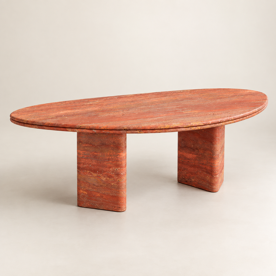 Red Travertine Dining Table MS-12, three-quarter studio view on an ivory background.