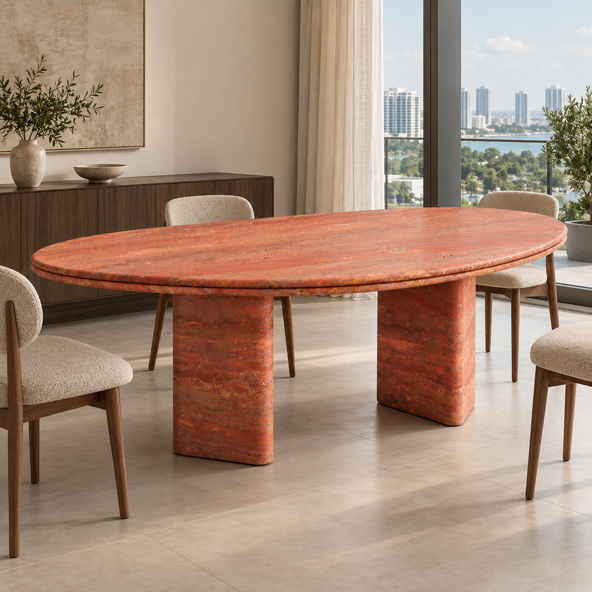 Red Travertine Dining Table MS-12 in a contemporary Singapore condominium dining interior.
