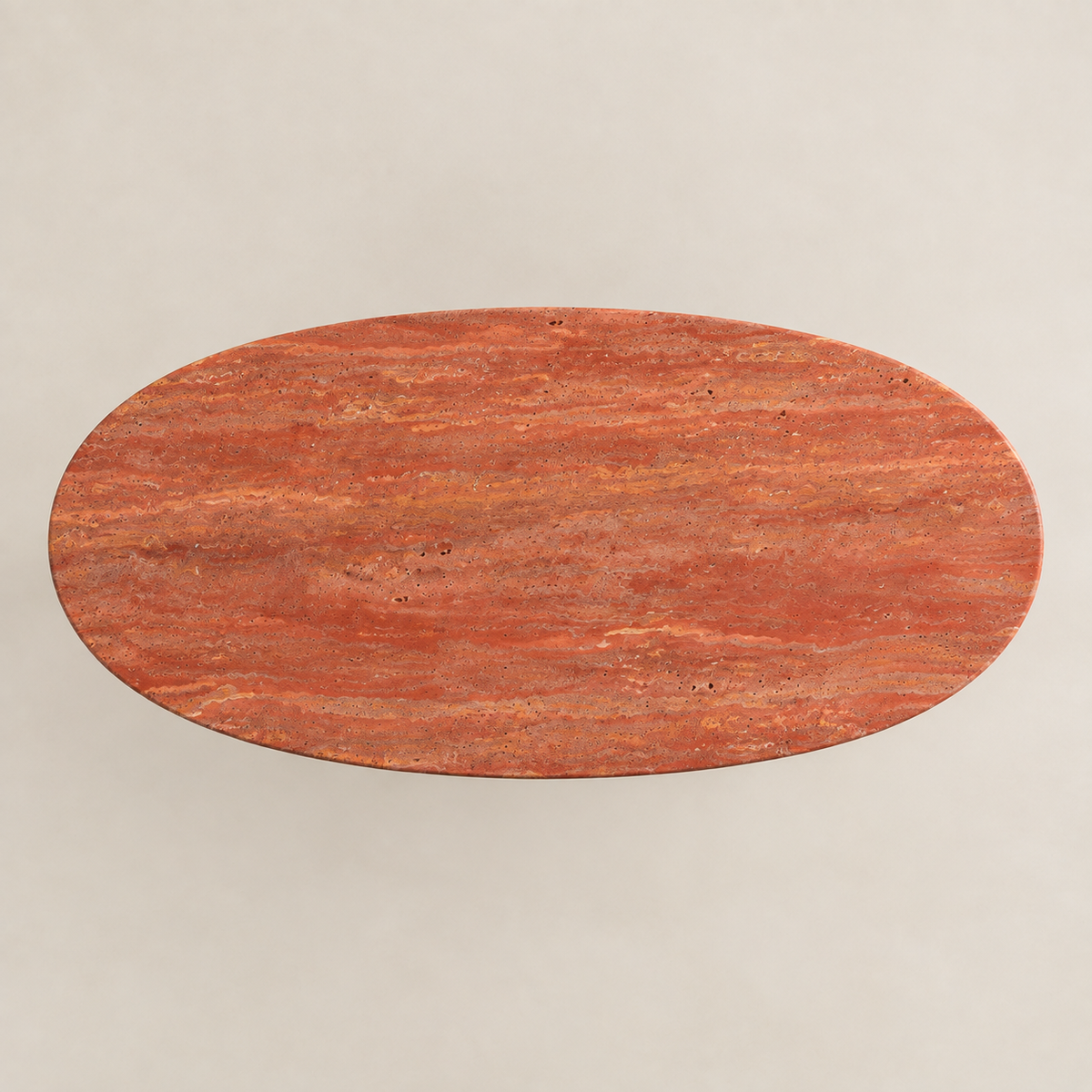 Red Travertine Dining Table MS-12, top view showing the oval tabletop and natural red travertine pattern.