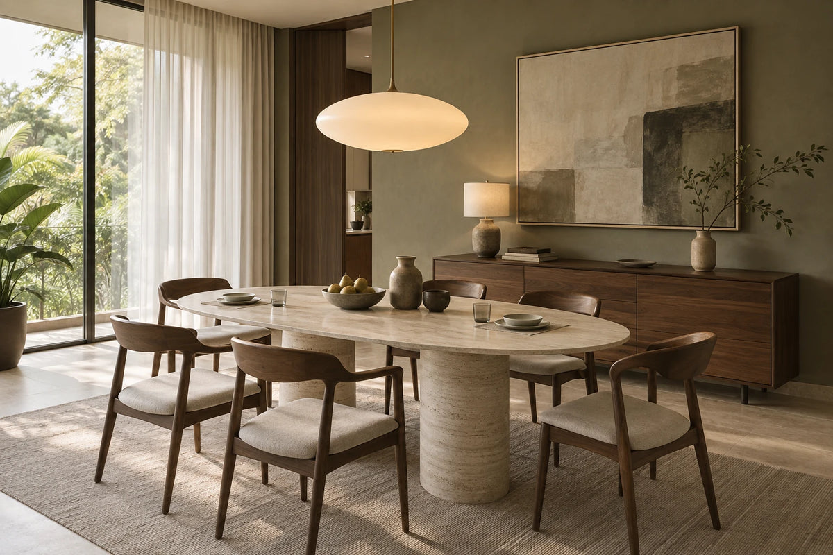 Dining room with an oval travertine table on a pedestal and six wooden chairs