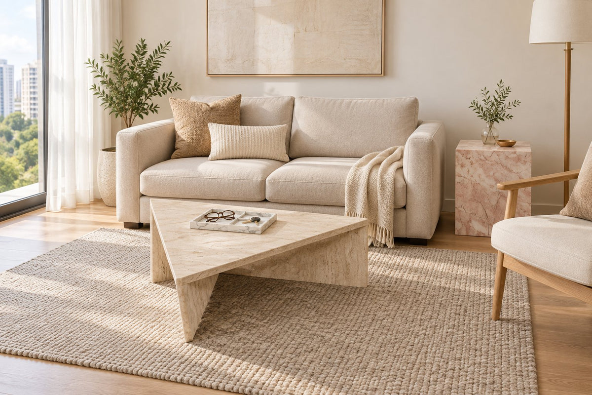 A small living room with a low folded travertine coffee table, a Cream Rose cube side table and a marble tray