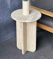 Round Cross-Base Side Table in Beige Travertine.
