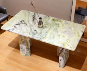 Rectangular Fendi Green dining table with two ribbed supports, viewed from above
