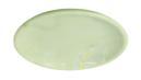 Round pale green stone dish with a shallow curved rim, three-quarter view