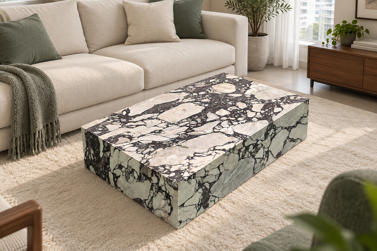 Calacatta Viola plinth coffee table in a bright living room