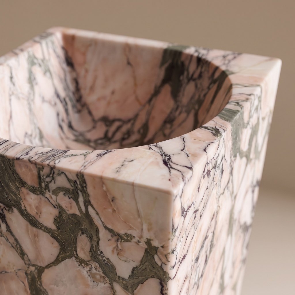One-Piece Pink Marble Pedestal Basin, edge detail