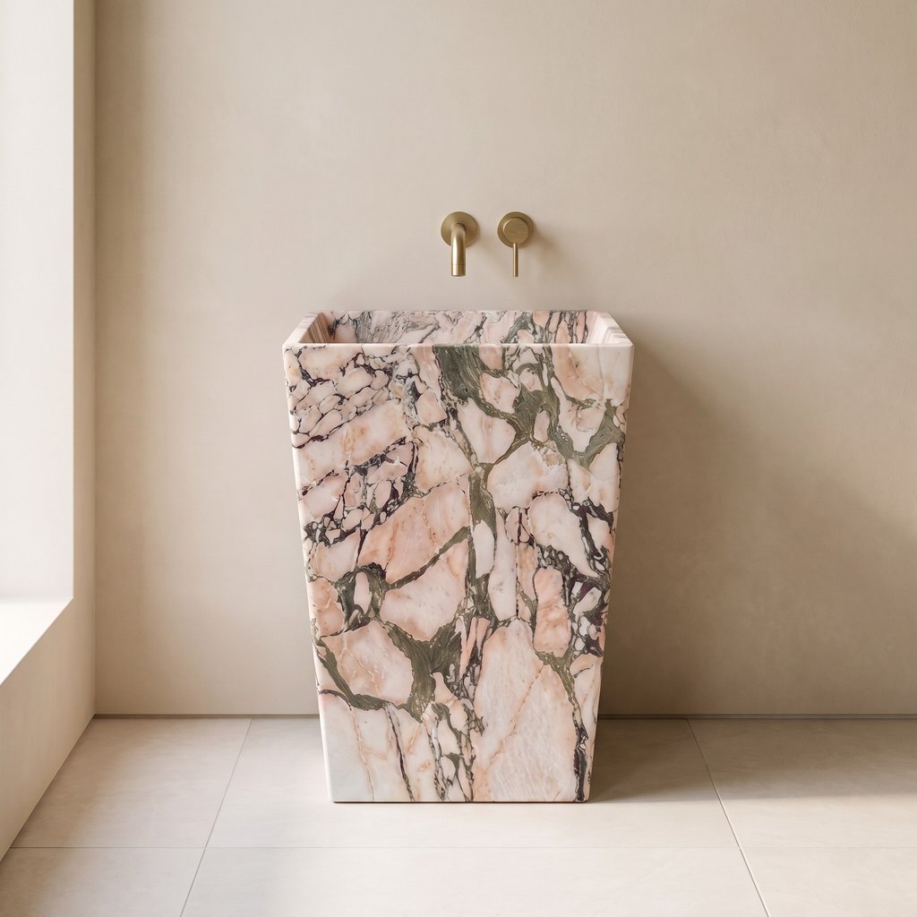 One-Piece Pink Marble Pedestal Basin in a bathroom