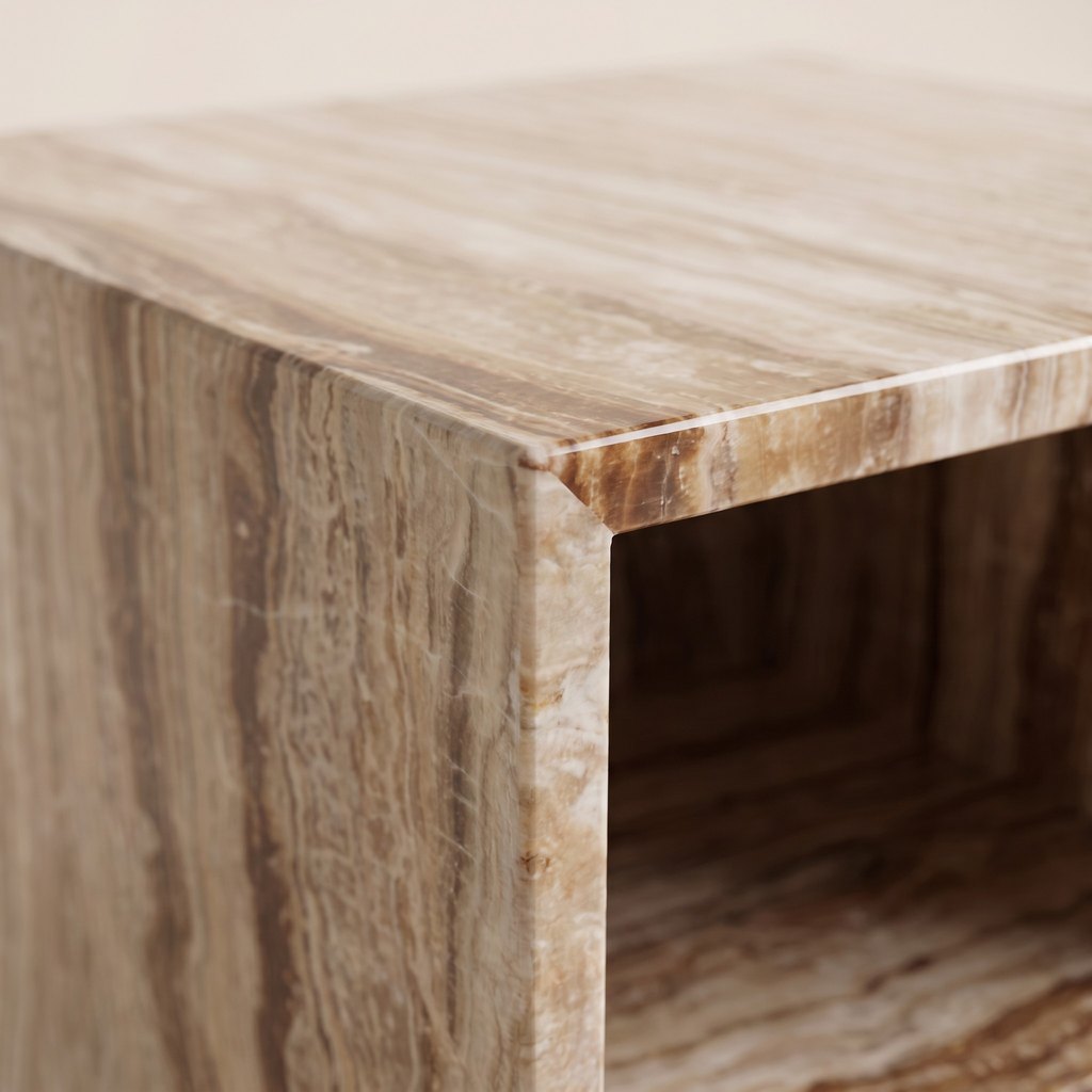 Open-Box Travertine Bedside Table, edge detail