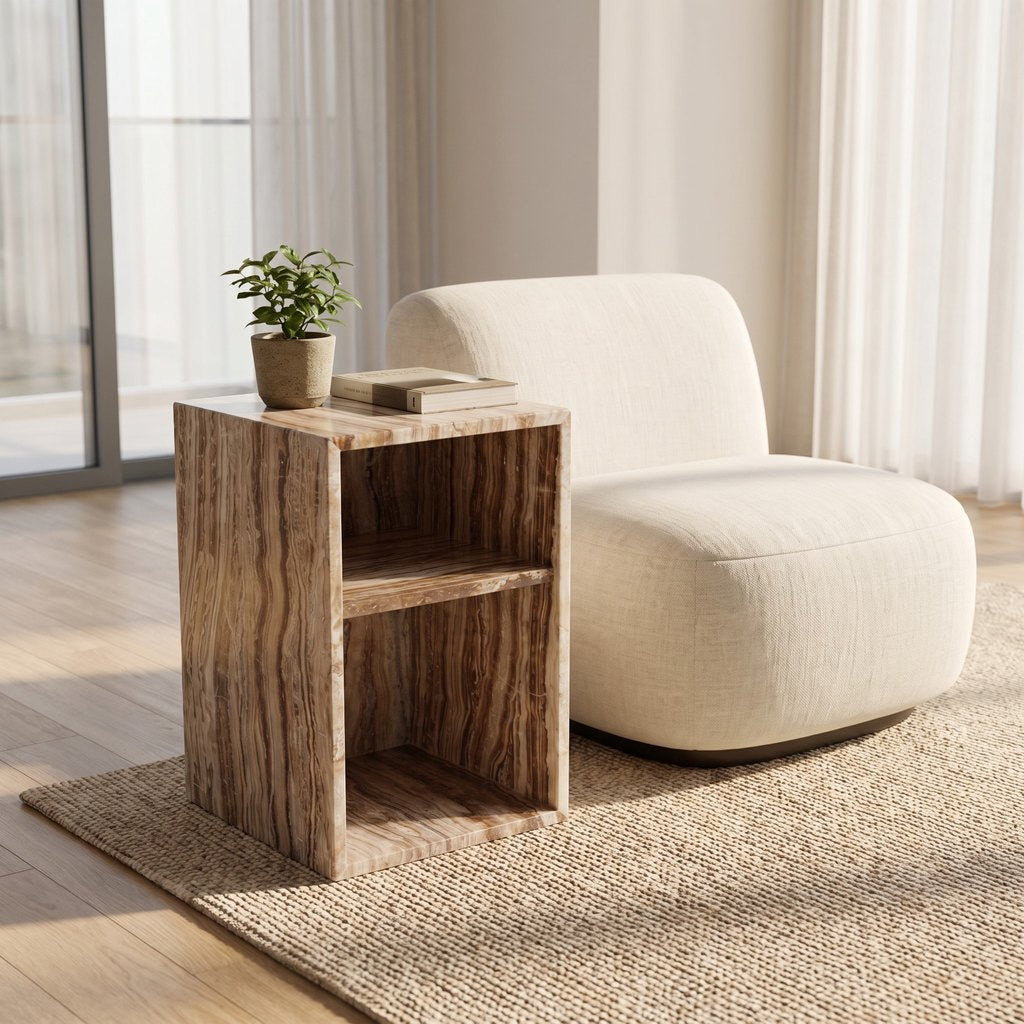 Open-Box Travertine Bedside Table in a living room