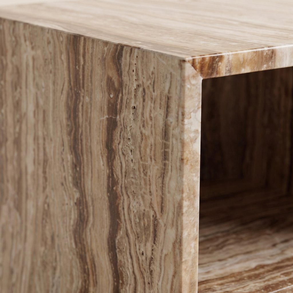Open-Box Travertine Bedside Table: close-up of the vein-cut travertine surface