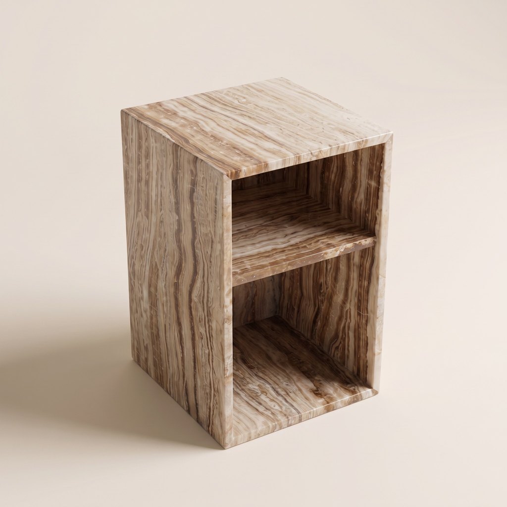 Open-Box Travertine Bedside Table, three-quarter view