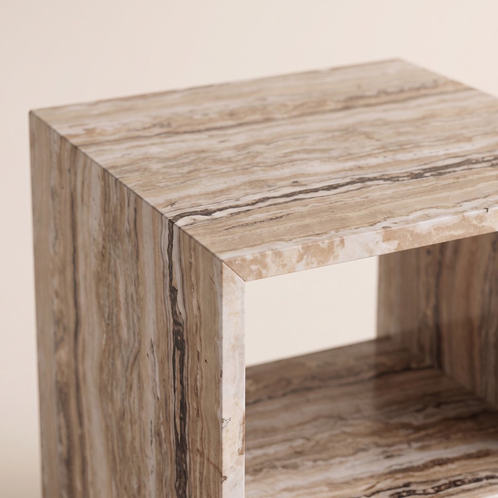 Open-Frame Travertine Bedside Table, edge detail