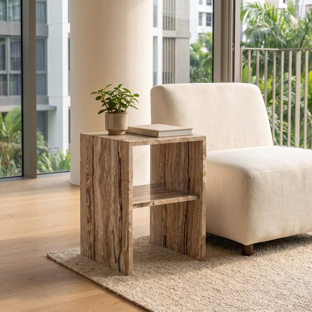 Open-Frame Travertine Bedside Table in a living room