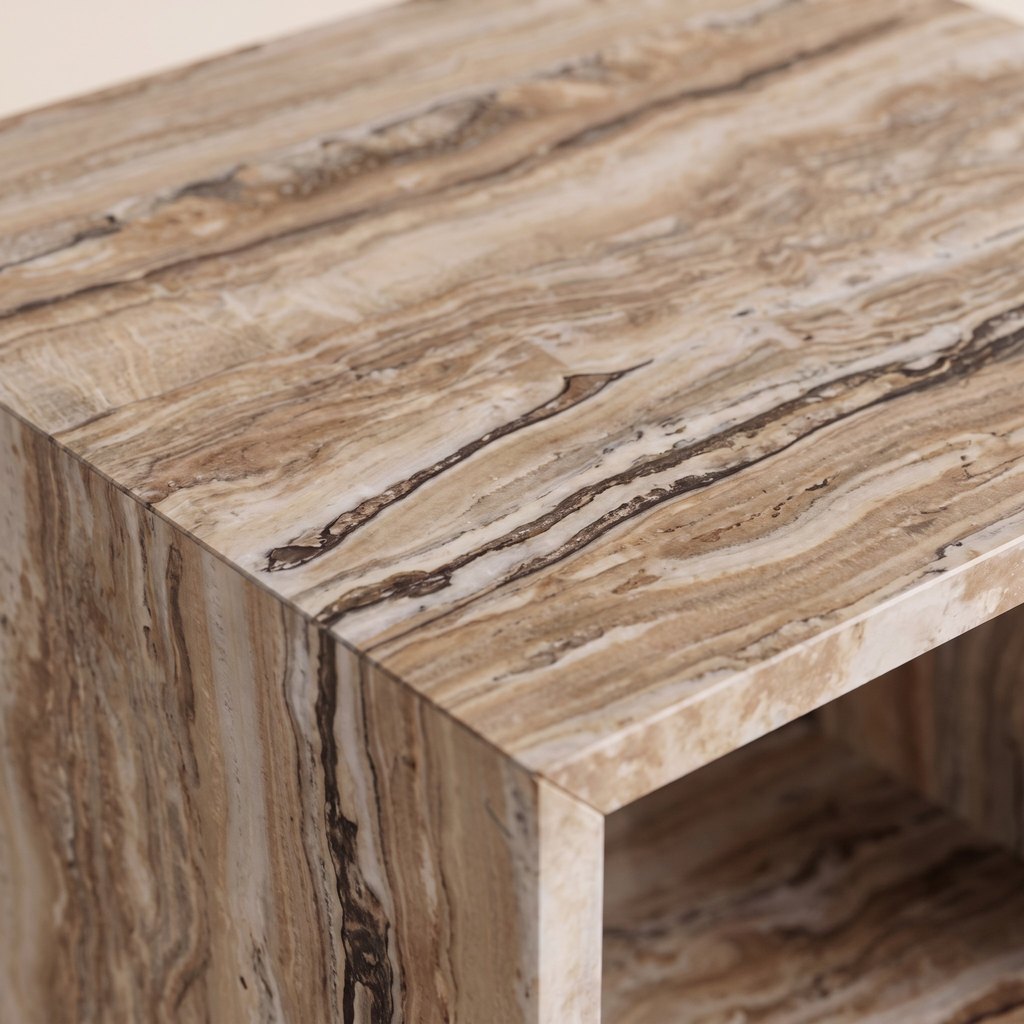 Open-Frame Travertine Bedside Table: close-up of the vein-cut travertine surface