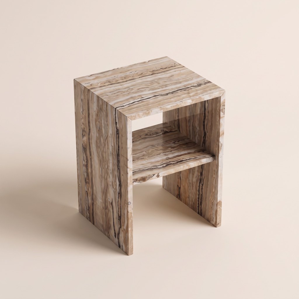 Open-Frame Travertine Bedside Table, three-quarter view