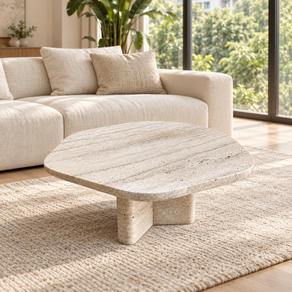 Organic Travertine Coffee Table — 65 × 60 cm in a Singapore living room