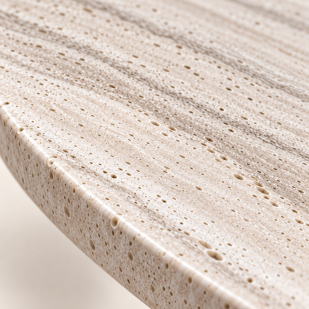 Organic Travertine Coffee Table — 65 × 60 cm: close-up of the beige travertine surface