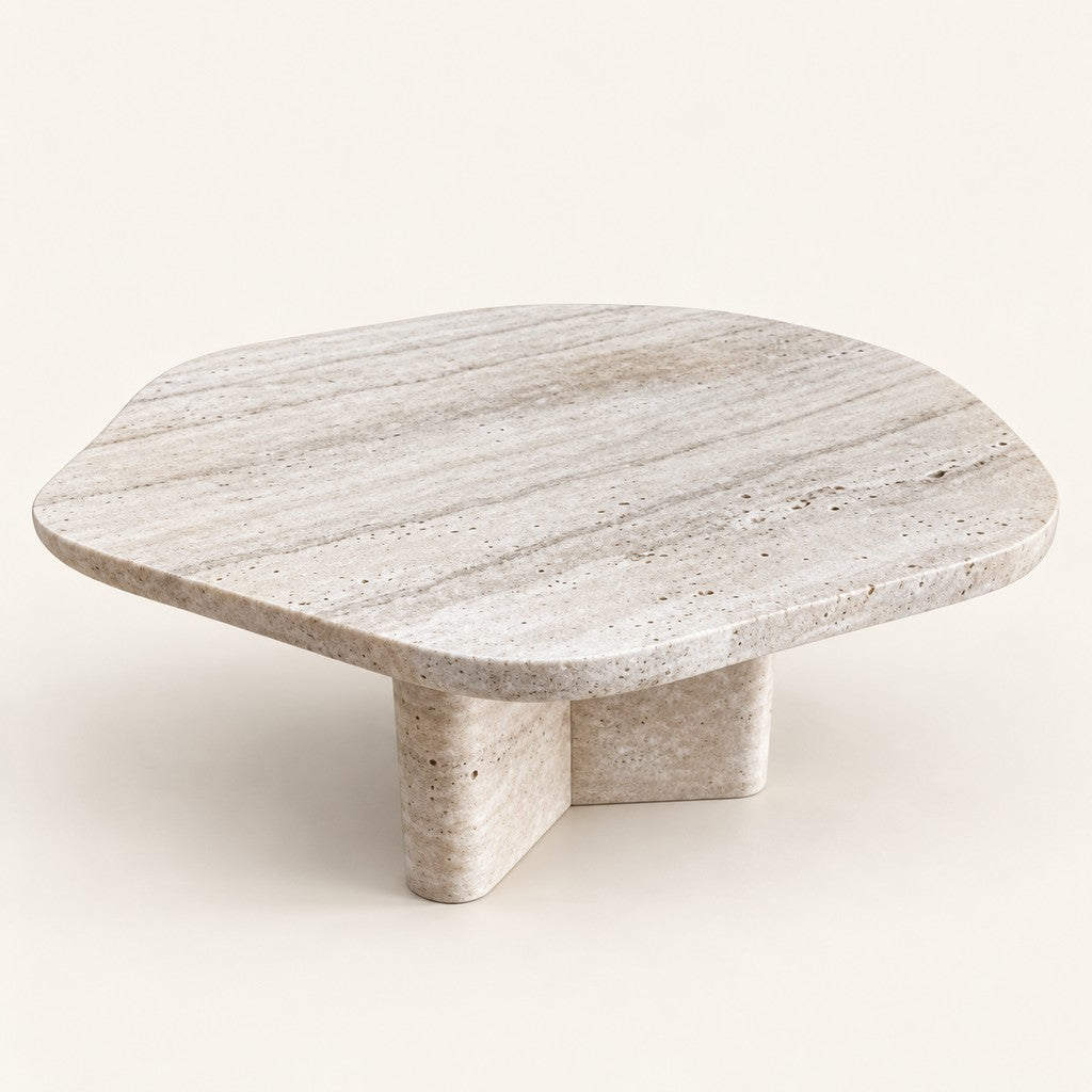 Organic Travertine Coffee Table — 65 × 60 cm, beige travertine, studio view