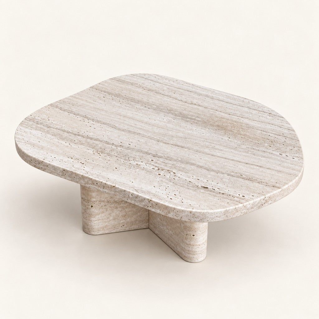 Organic Travertine Coffee Table — 65 × 60 cm, three-quarter view