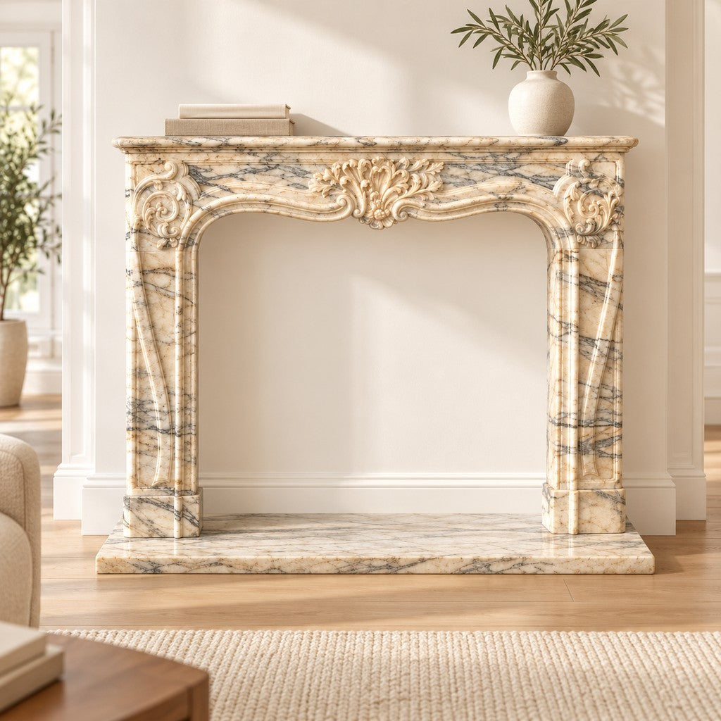 Ornate Natural Stone Fireplace Surround in a living room