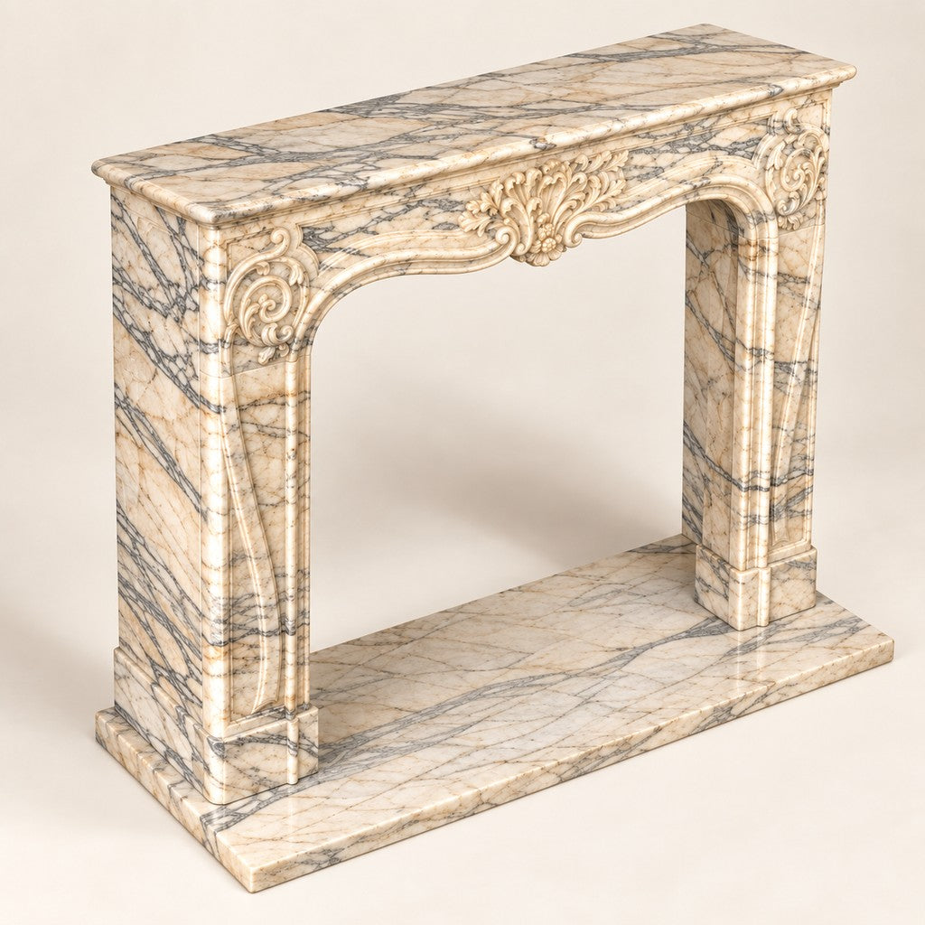 Ornate Natural Stone Fireplace Surround, three-quarter view