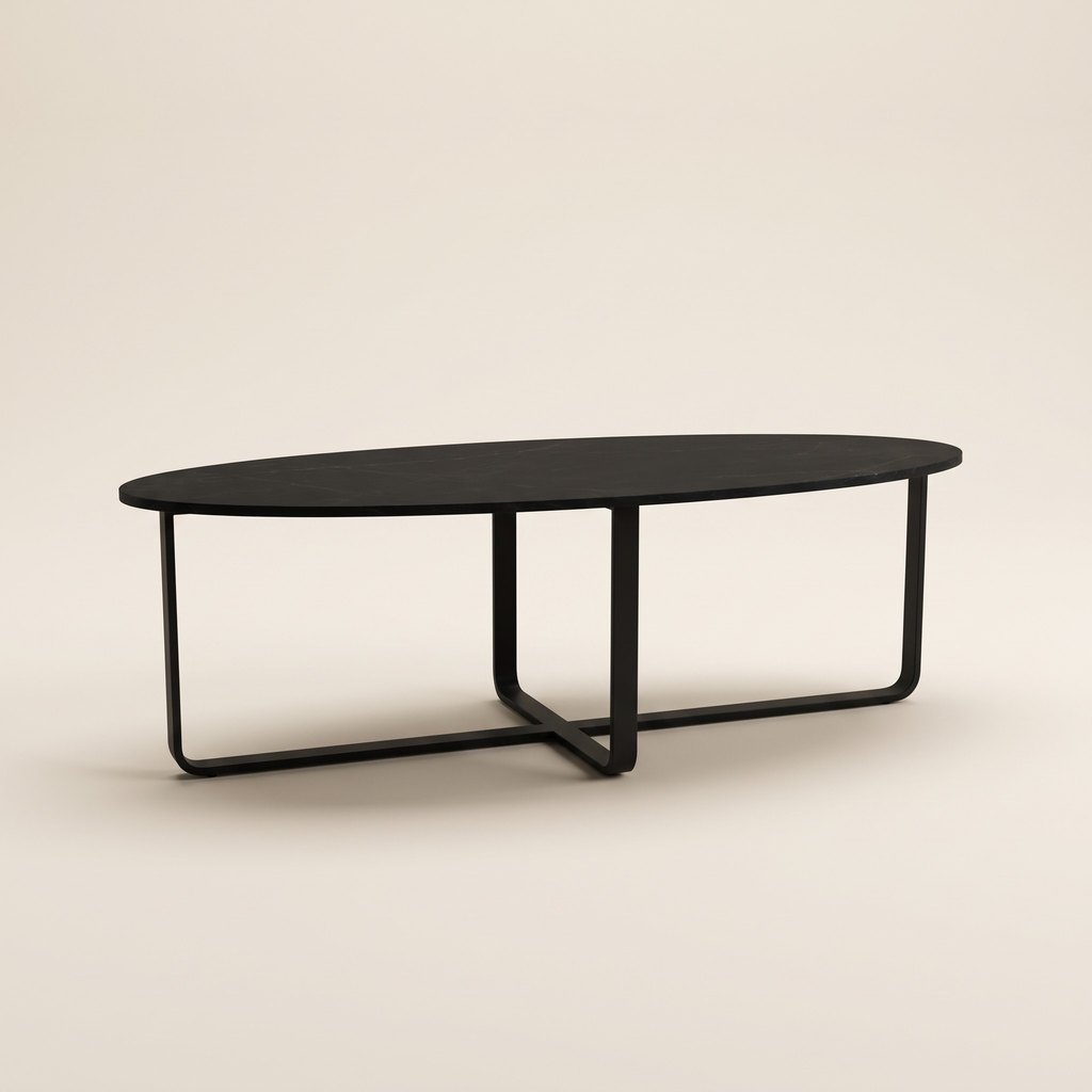 Oval Black Marble Coffee Table — Metal Cross Base