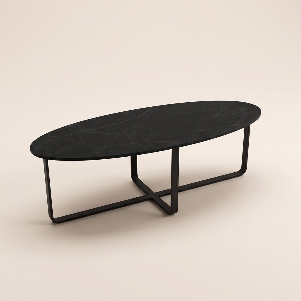 Oval Black Marble Coffee Table — Metal Cross Base, three-quarter view