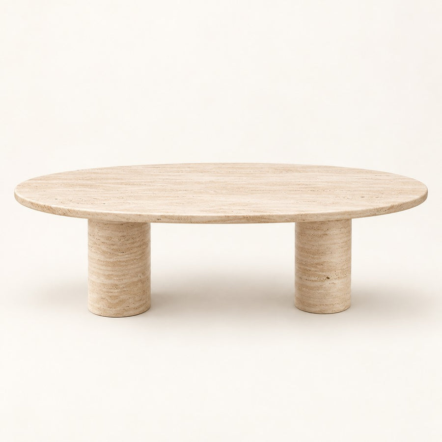 Oval Travertine Coffee Table — Column Legs, beige travertine, studio view