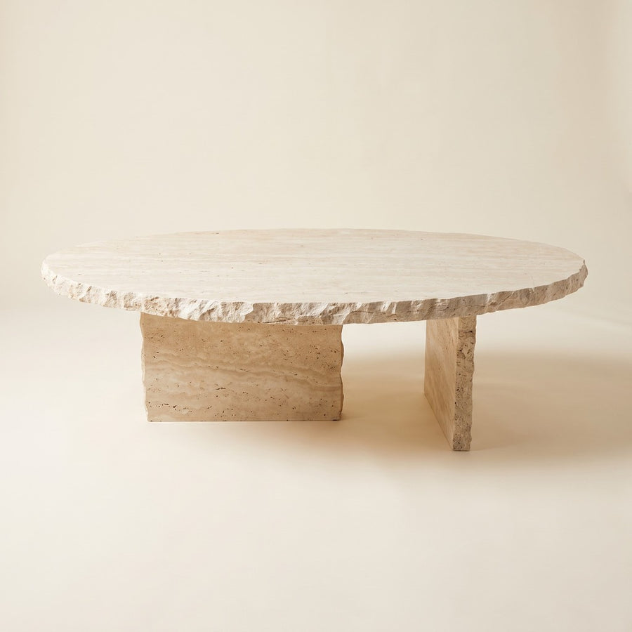 Oval Travertine Coffee Table — Rough Edge, studio view
