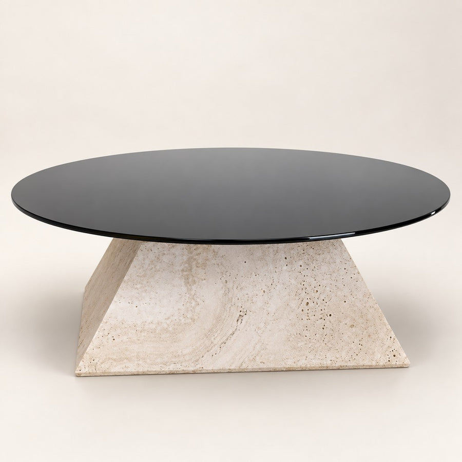Oval Travertine Coffee Table — 110 × 82 cm, beige travertine, studio view