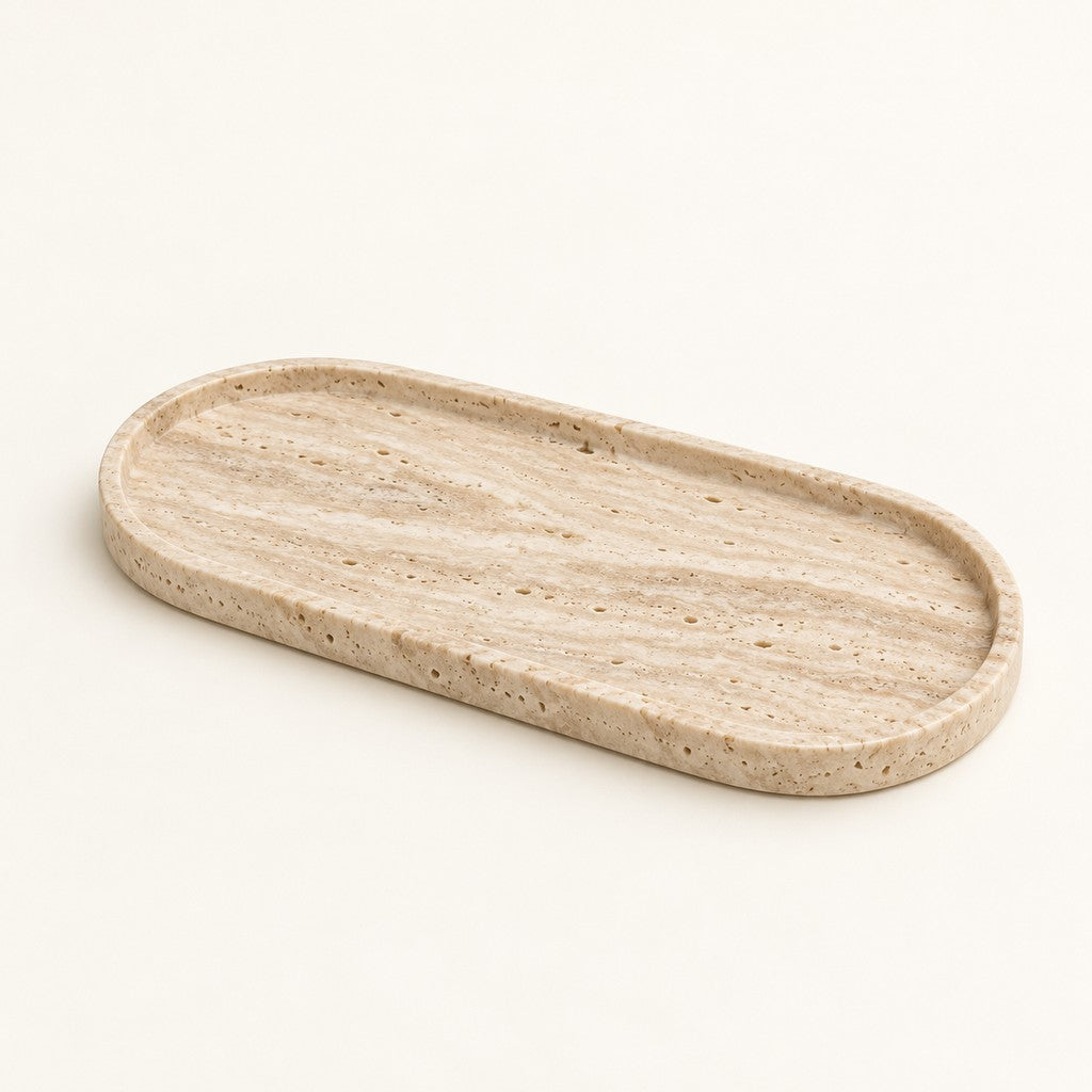 Oval Vanity Tray in Beige Travertine, studio view
