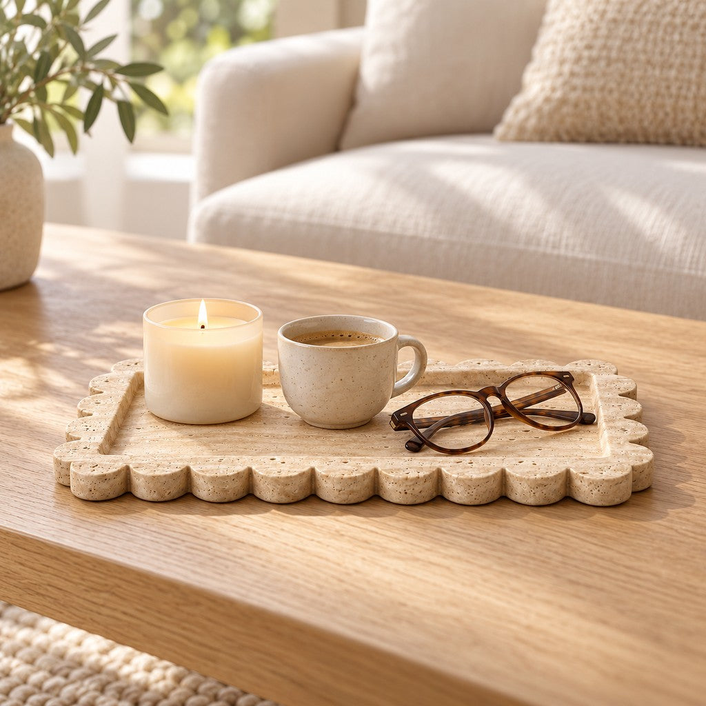 Petal-Edge Rectangular Tray in a living room