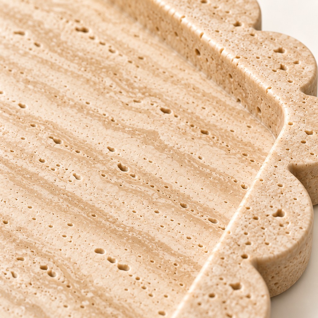 Petal-Edge Rectangular Tray: close-up of the Beige Travertine surface