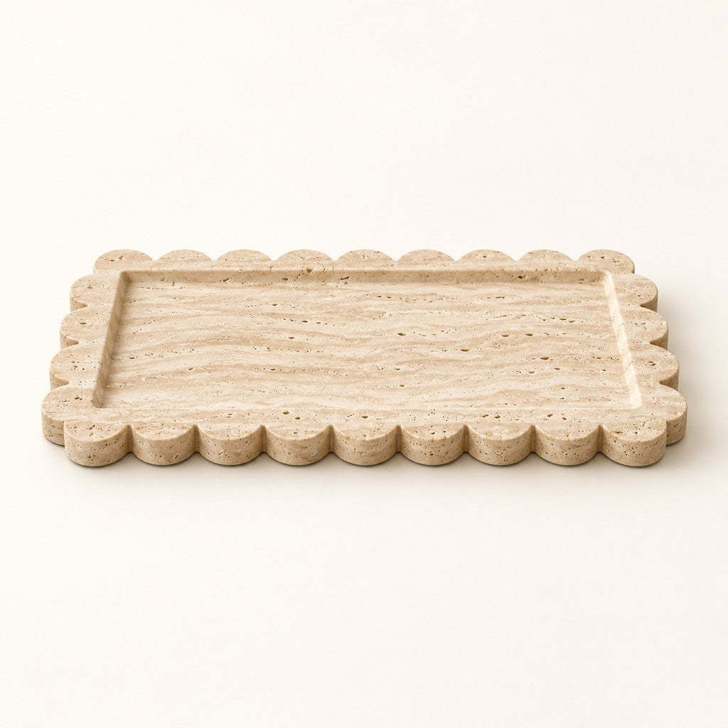 Petal-Edge Rectangular Tray in Beige Travertine, studio view