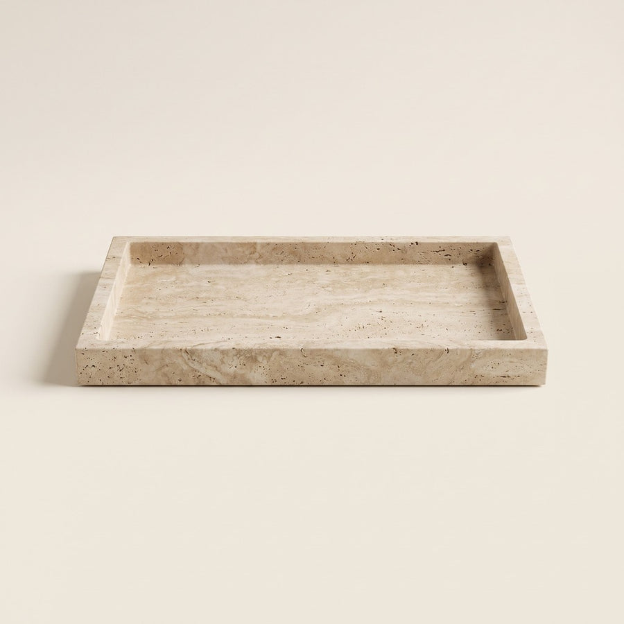 Recessed-Field Rectangular Tray in Beige Travertine, studio view