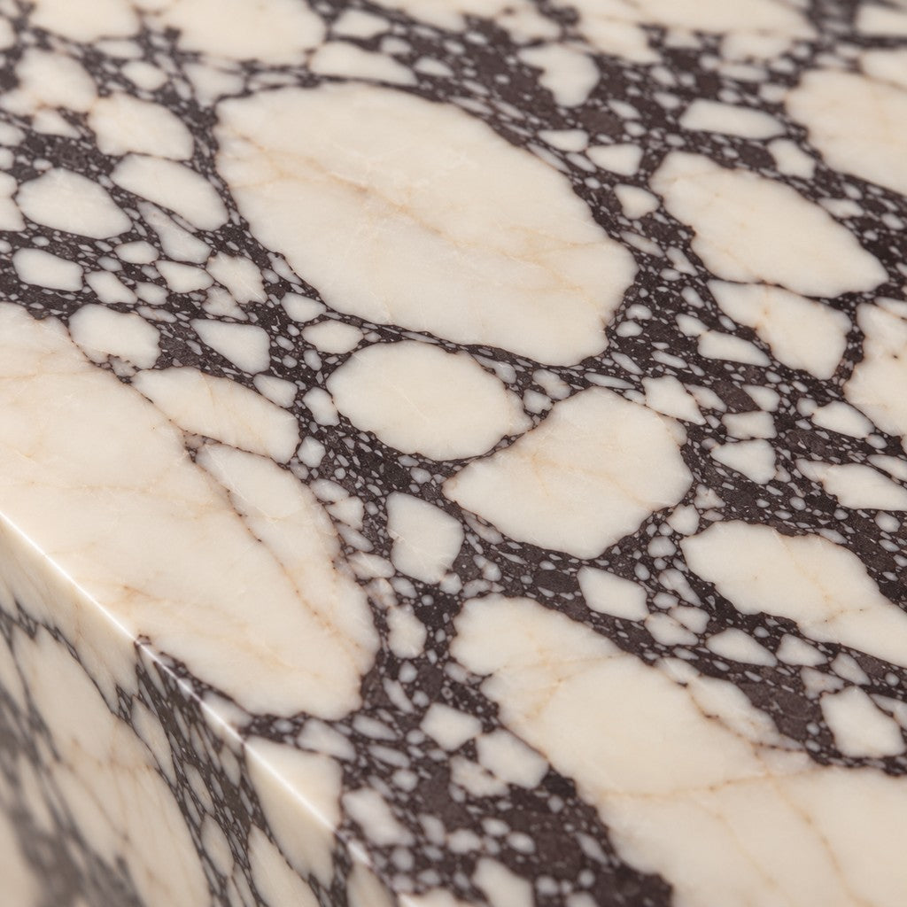 Rectangular Plinth Coffee Table: close-up of the Calacatta Viola surface
