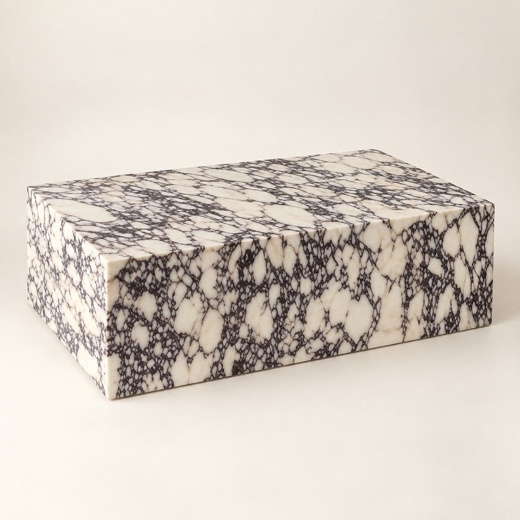 Rectangular Plinth Coffee Table in Calacatta Viola, studio view