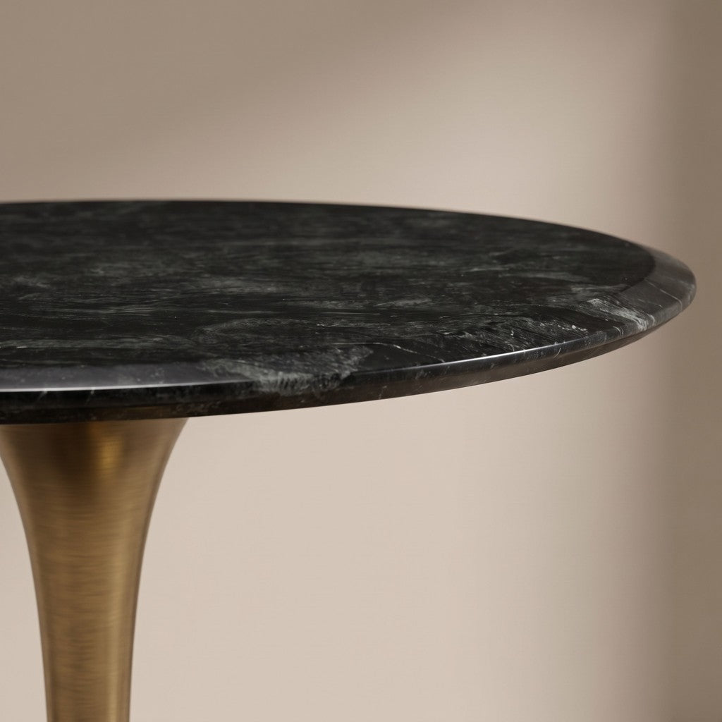 Round Black Marble Dining Table — Brass Tulip Base, edge detail